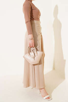 Yan Bağlamalı Keten Etek Latte - Uzun Etek