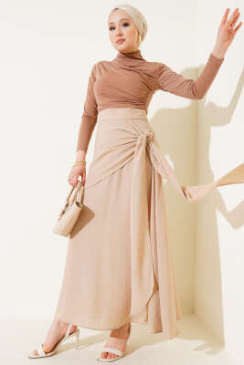 Yan Bağlamalı Keten Etek Latte - Uzun Etek