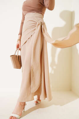 Yan Bağlamalı Keten Etek Latte 