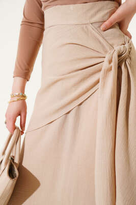 Yan Bağlamalı Keten Etek Latte - Uzun Etek