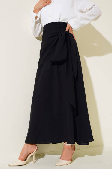 Yan Bağlamalı Keten Etek Siyah - Etek