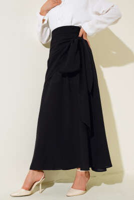 Yan Bağlamalı Keten Etek Siyah 