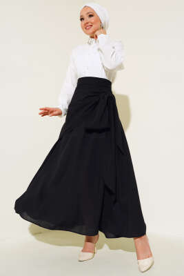 Yan Bağlamalı Keten Etek Siyah - Uzun Etek