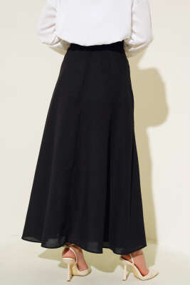 Yan Bağlamalı Keten Etek Siyah - Uzun Etek