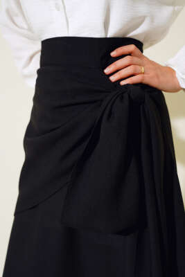 Yan Bağlamalı Keten Etek Siyah - Uzun Etek