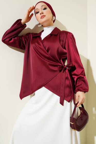 Yan Bağlamalı Saten Gömlek Bordo - Gömlek
