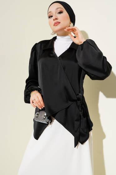 Yan Bağlamalı Saten Gömlek Siyah - Gömlek