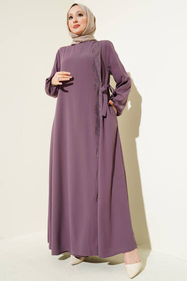 Yan Bağlamalı Taşlı Büyük Beden Ferace Gül Kurusu - Ferace