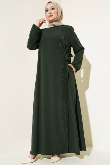 Yan Bağlamalı Taşlı Büyük Beden Ferace Haki - Ferace