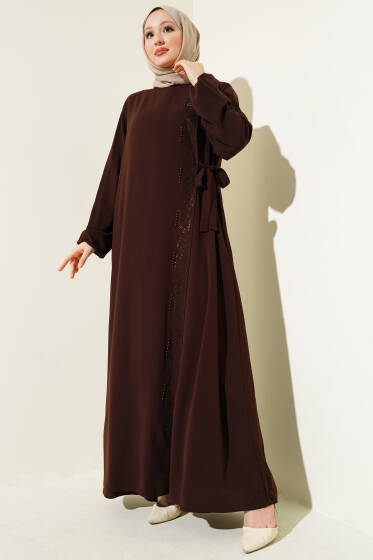 Yan Bağlamalı Taşlı Büyük Beden Ferace Kahve - Ferace