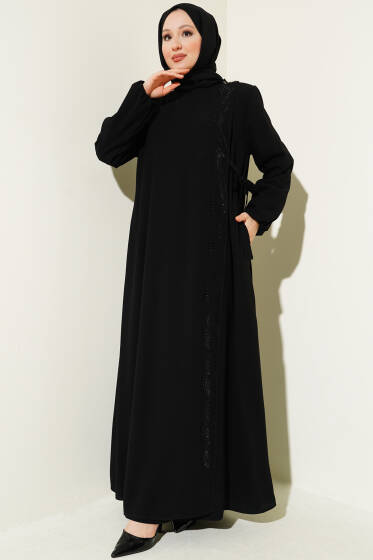 Yan Bağlamalı Taşlı Büyük Beden Ferace Siyah - Ferace