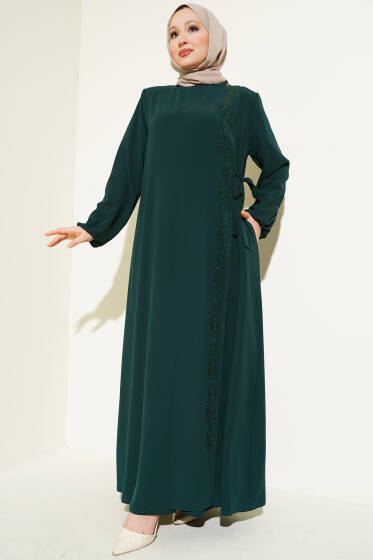 Yan Bağlamalı Taşlı Büyük Beden Ferace Zümrüt - Ferace