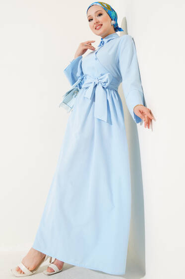 Yan Bağlamalı Yarım Çapraz Düğmeli Elbise Bebe Mavi - Elbise