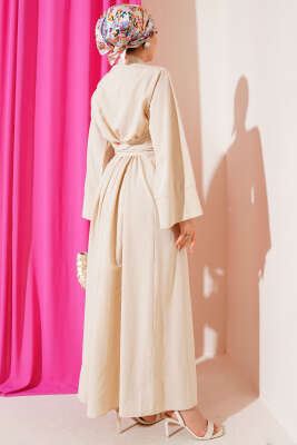 Yan Bağlamalı Yarım Çapraz Düğmeli Elbise Bej - Tesettür Elbise