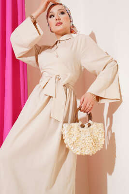 Yan Bağlamalı Yarım Çapraz Düğmeli Elbise Bej - Tesettür Elbise