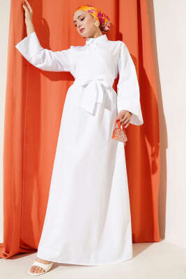 Yan Bağlamalı Yarım Çapraz Düğmeli Elbise Beyaz - ASMİN