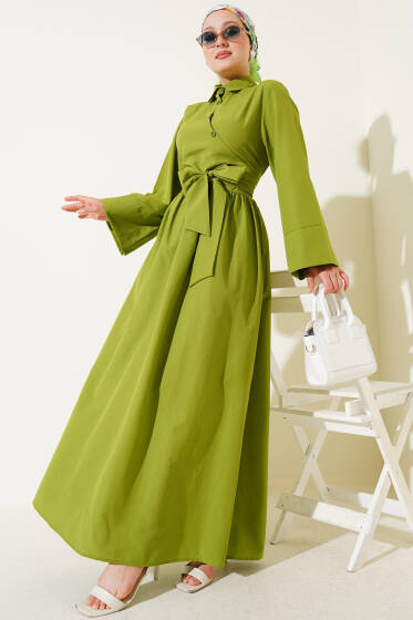 Yan Bağlamalı Yarım Çapraz Düğmeli Elbise Fıstık Yeşili - Elbise