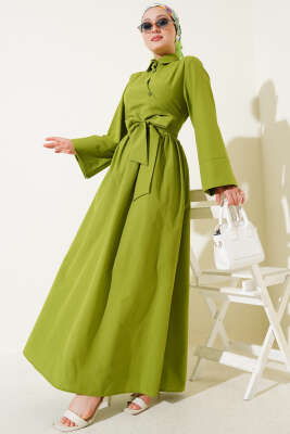 Yan Bağlamalı Yarım Çapraz Düğmeli Elbise Fıstık Yeşili 