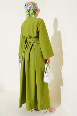 Yan Bağlamalı Yarım Çapraz Düğmeli Elbise Fıstık Yeşili - Tesettür Elbise