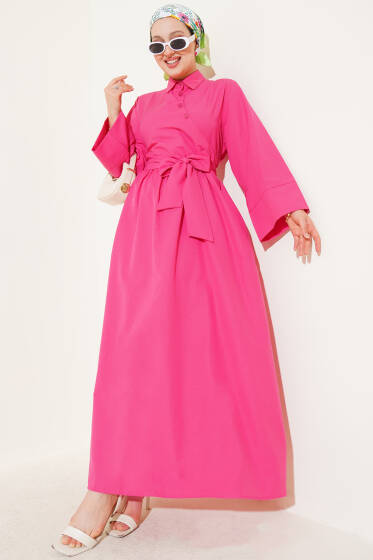 Yan Bağlamalı Yarım Çapraz Düğmeli Elbise Fuşya - Elbise