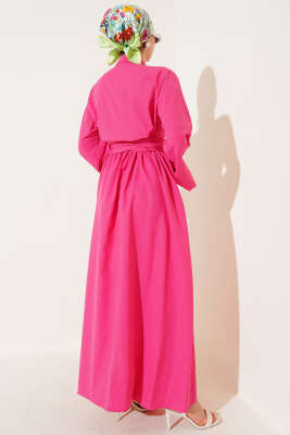 Yan Bağlamalı Yarım Çapraz Düğmeli Elbise Fuşya - Tesettür Elbise