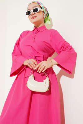 Yan Bağlamalı Yarım Çapraz Düğmeli Elbise Fuşya - Tesettür Elbise