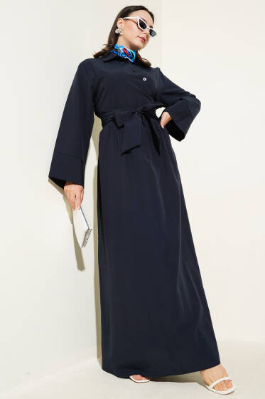 Yan Bağlamalı Yarım Çapraz Düğmeli Elbise Lacivert - Elbise