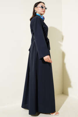 Yan Bağlamalı Yarım Çapraz Düğmeli Elbise Lacivert - Tesettür Elbise