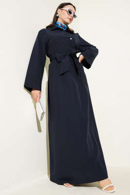 Yan Bağlamalı Yarım Çapraz Düğmeli Elbise Lacivert 