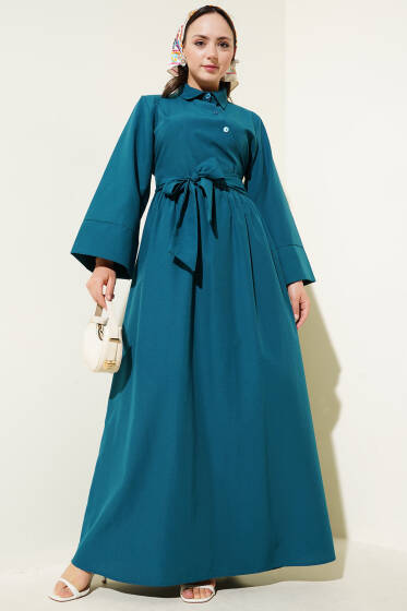 Yan Bağlamalı Yarım Çapraz Düğmeli Elbise Petrol - Elbise