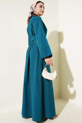 Yan Bağlamalı Yarım Çapraz Düğmeli Elbise Petrol - Tesettür Elbise