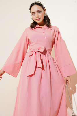 Yan Bağlamalı Yarım Çapraz Düğmeli Elbise Pudra - Tesettür Elbise