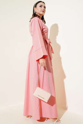 Yan Bağlamalı Yarım Çapraz Düğmeli Elbise Pudra - Tesettür Elbise