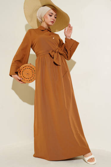 Yan Bağlamalı Yarım Çapraz Düğmeli Elbise Taba - Elbise