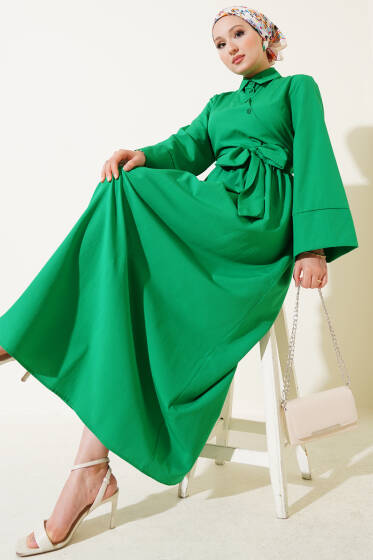 Yan Bağlamalı Yarım Çapraz Düğmeli Elbise Yeşil - Elbise