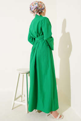 Yan Bağlamalı Yarım Çapraz Düğmeli Elbise Yeşil - Tesettür Elbise