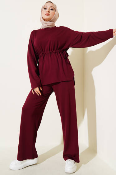 Yan Bel Büzgülü Basic İkili Takım Bordo - İkili Takım