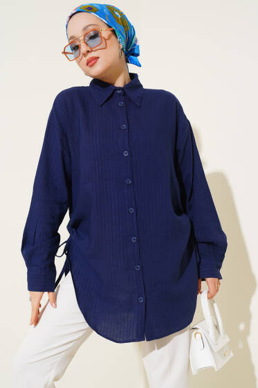 Yan Büzgü İp Bağcıklı Gömlek Lacivert - Gömlek