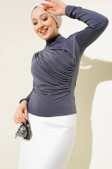 Yan Büzgülü Balıkçı Yaka Sandy Bluz Füme - Bluz