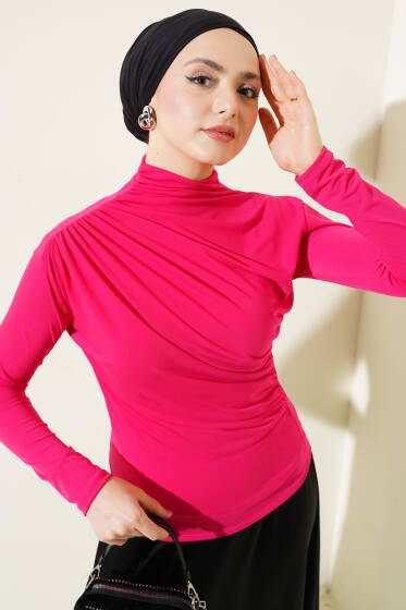 Yan Büzgülü Balıkçı Yaka Sandy Bluz Fuşya - Bluz