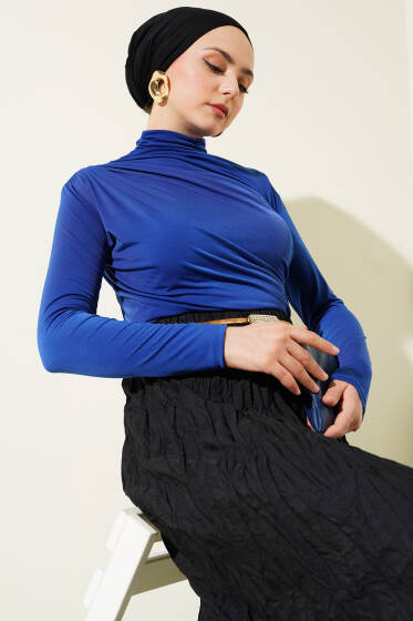 Yan Büzgülü Balıkçı Yaka Sandy Bluz Saks - Bluz