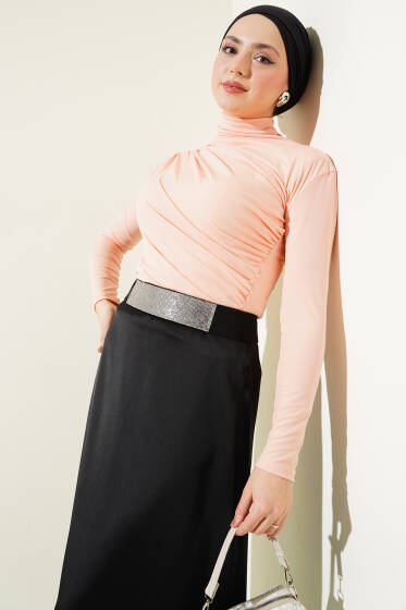 Yan Büzgülü Balıkçı Yaka Sandy Bluz Somon - Bluz