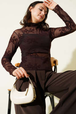 Yan Büzgülü Desenli Tül Bluz Acı Kahve 