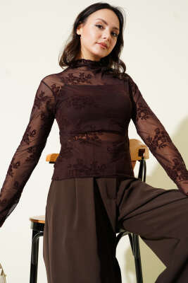 Yan Büzgülü Desenli Tül Bluz Acı Kahve - Yılın Fırsatı