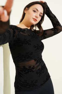 Yan Büzgülü Desenli Tül Bluz Siyah - CALİENTE