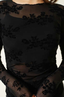 Yan Büzgülü Desenli Tül Bluz Siyah - Kadın Giyim Modelleri