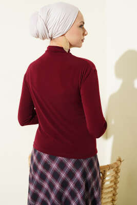 Yan Büzgülü Dik Yaka Sandy Bluz Bordo - Bluz