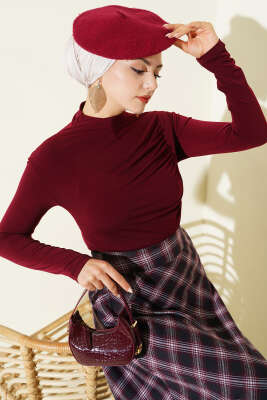 Yan Büzgülü Dik Yaka Sandy Bluz Bordo 