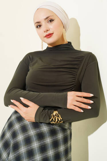 Yan Büzgülü Dik Yaka Sandy Bluz Haki - Bluz