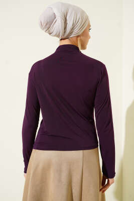 Yan Büzgülü Dik Yaka Sandy Bluz Mor - Bluz